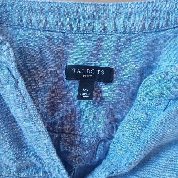 Talbots 100% Linen Roll Tab Long Sleeve Button Shirt Blouse Top Blue Size MP - Picture 3 of 10